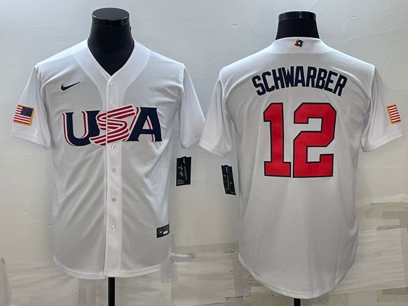 Men 2023 World Cub USA 12 Schwarber White Nike MLB Jersey8